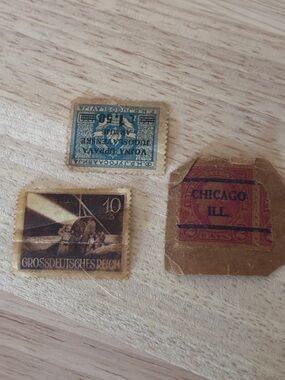 Vintage Stamp Lot with Chicago Label and European Issues - Brown, Blue, Sepia